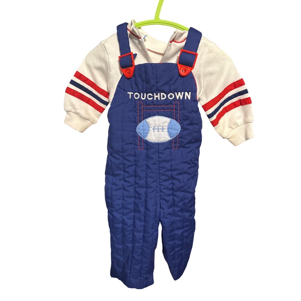 Vintage Baby Togs Boys 6-9 Months Football Touchdown Quilted Overalls Set Blue